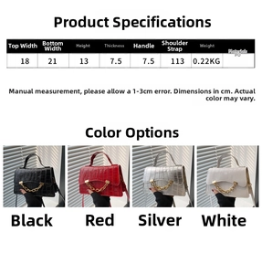 Size chart for PU leather box bag showing dimensions and stylish chain handle details
