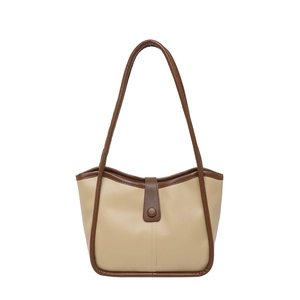 Borsa tote retrò in pelle beige con spalline marroni a contrasto per pendolarismo