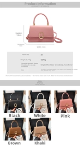 Detailed view showing crossbody handbag dimensions and five available color options