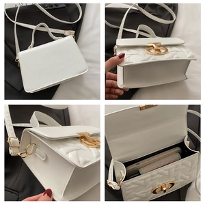 Detailed views of white quilted leather handbag featuring gold CD metal clasp and interior