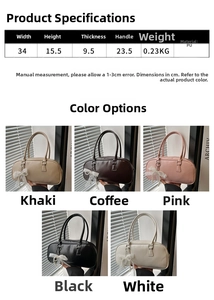 Detailed size specifications for the PU leather pillow shoulder bag with five colors