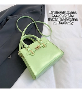 Detail view of mint green square handbag with golden twist lock and round handles