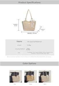 Detailed size specifications for woven straw-textured tote bag with lace scarf decoration