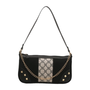 Retro black baguette bag with floral weave strap and gold studs for women