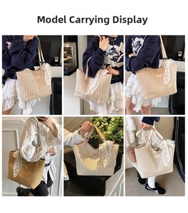 Detail showing woven straw tote bag with lace scarf decoration and long handles