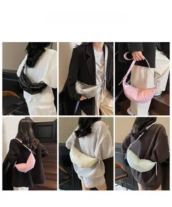 Collage of chic croissant bags in various colors showing crossbody and shoulder wear