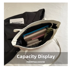 Top view of woven tote bag with large capacity for laptop, wallet and daily essentials