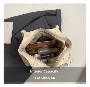 Interior view of cream tote bag showing large capacity for tablet and cosmetics