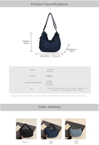 Detailed size chart and dimensions for the washed denim crossbody bag with color options