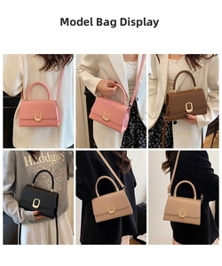 Multiple views of elegant square handbags in pink, brown, black and beige colors