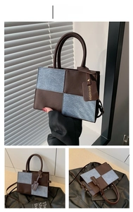 Detailed view of the brown leather and denim patchwork design on this retro shoulder bag