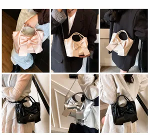Multiple views of a minimalist bucket bag with bow detail in pink, beige, black, and silver
