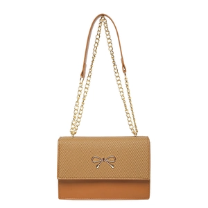 Borsa a tracolla patchwork marrone con fibbia a fiocco dorato e tracolla a catena