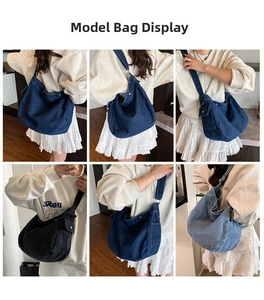 Vues détaillées du sac bandoulière en denim délavé avec grande capacité et larges bretelles