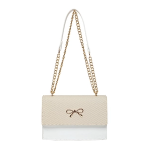 Retro bow crossbody bag with gold chain strap in white and beige woven texture