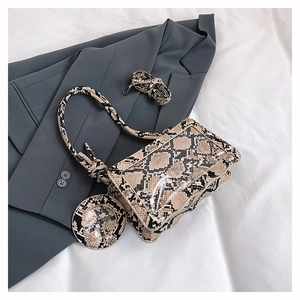 Détail d'un sac à bandoulière motif serpent avec petit porte-monnaie et texture PVC