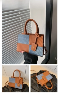 Close-up of brown patchwork leather handbag with fashion tag and detachable strap