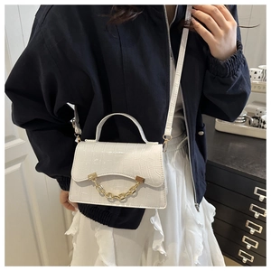 Detailed macro view of white crocodile pattern handbag with gold chain accent for women