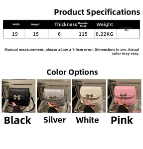 Detailed size chart and multi-color options for bow accent crossbody bags in PU leather
