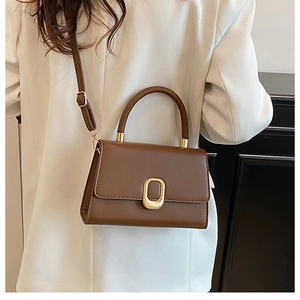 Detail of a brown leather small square bag featuring a gold buckle and cylindrical handle