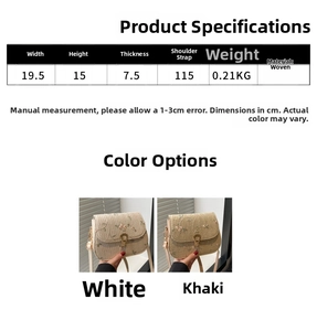 Detailed size specifications and color options for woven floral saddle crossbody bag