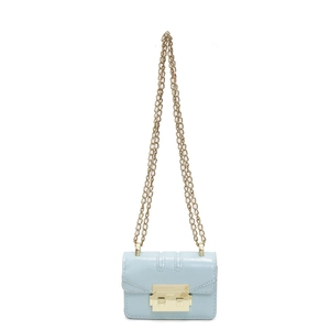 Minimalist light blue mini chain bag with gold metal buckle and square flap design