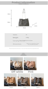Detailed size chart and multi-color collection of this large capacity PU tote bag