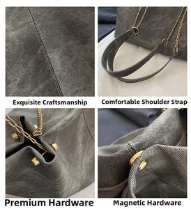 Detail shots of gray denim tote featuring reinforced stitching and gold magnetic hardware