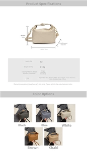 Detailed size and material chart for small woven PU leather crossbody bag in multiple colors