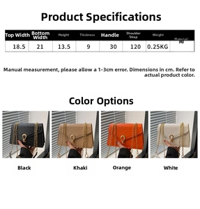 Detailed size chart and dimensions for the faux crocodile leather crossbody chain bag
