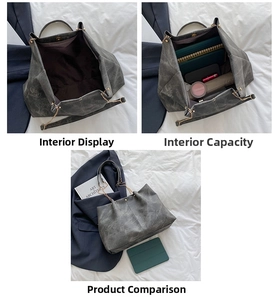 Detailed interior of a grey stone textured tote bag showing large capacity and magnetic clasp