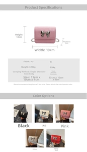 Detailed size chart and multi-color options for the mini bow chain shoulder bag