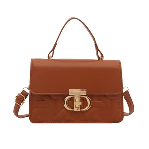 Brown faux leather handbag with woven texture, metal lock, and adjustable shoulder strap