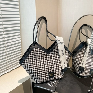Classic houndstooth tote bag with unique V-cut opening and wide branded shoulder strap