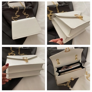 Detail view of white stone pattern handbag with gold chain strap and inner compartments