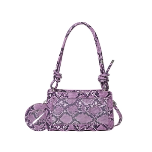 Chic purple snake skin patterned handbag with knotted handle and matching mini round pouch