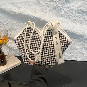 Large houndstooth tote bag with white PU trim and a wide crossbody strap for women