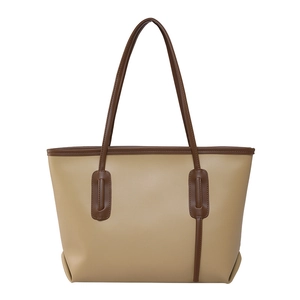 Minimalist large capacity tote bag in khaki PU leather with brown contrast handles