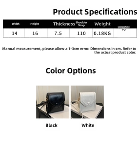 Detailed size chart and color options for the quilted rhomboid crossbody handbag in PU