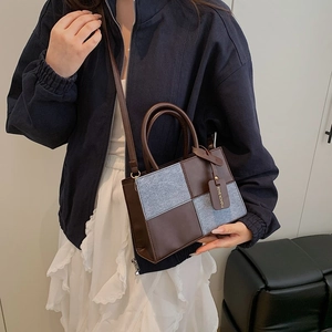 Brown leather and blue denim checkerboard mini square bag with a double round handle