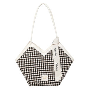 Classic houndstooth tote bag with white trim and fashion label, elegant summer shoulder bag