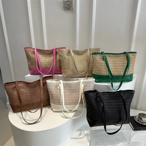 Large straw tote bag in six colors with leather straps for summer beach fashion