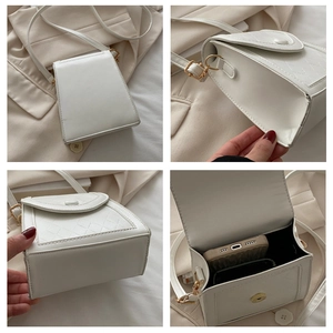 Detail shots of white quilted crossbody bag showing side view, bottom, and inner capacity