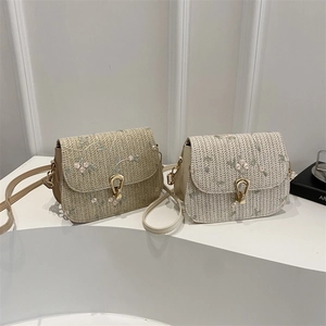 Straw Woven Shoulder Bag With Floral Embroidery Metal Lock Buckle Summer Vacation Crossbody Bag For Women