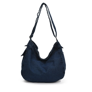 Deep blue denim hobo shoulder bag with side pocket and adjustable metal buckle