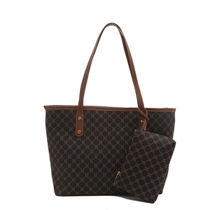 Classic checkered tote bag set with matching inner pouch and brown leather handles
