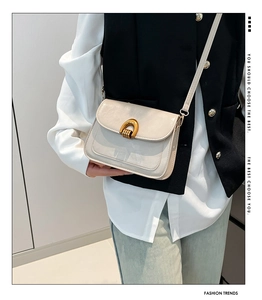Detail of light apricot saddle bag with a golden horseshoe twist lock and glossy finish