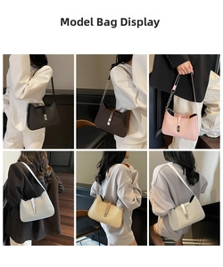 Six different colors of lychee grain leather shoulder bags shown on models for daily wear