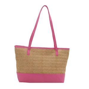 Summer woven straw tote bag with pink leather trim and stylish shoulder straps for women