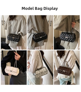 Multiple views of quilted crossbody bags in black white silver and coffee with chain straps